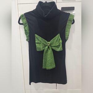 Elegant Black Top with Green Bow Accent
